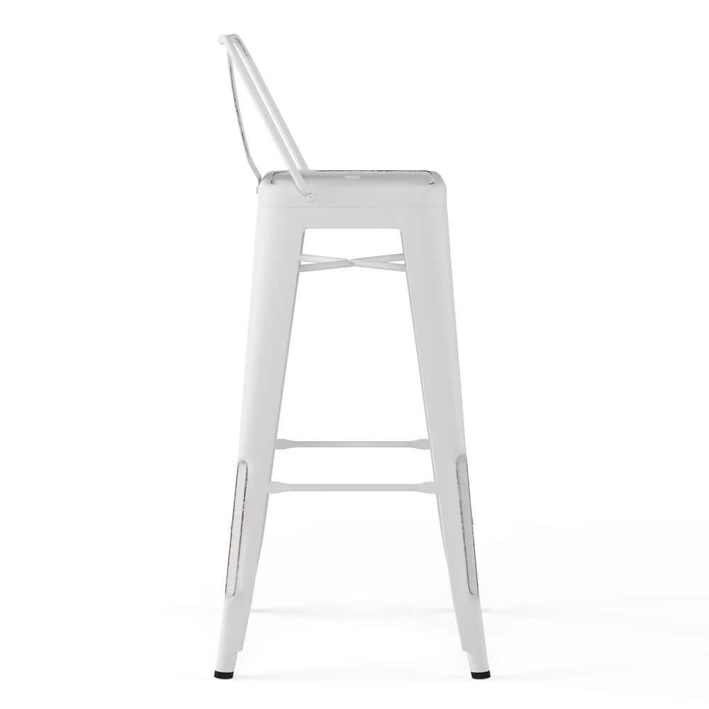 Simpli Home Rayne Metal Industrial Stool with Curved Back, Cross-Brace, and Footrest