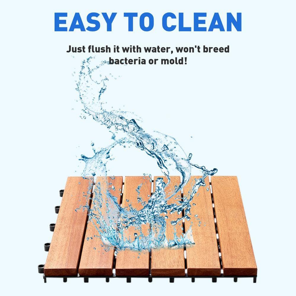 PrimeZone 27 PCS Solid Acacia Wood Interlocking Patio Deck Tiles - 12" x 12" Indoor Outdoor Waterproof Flooring Tiles for Balcony, Backyard, Garden & Poolside, All Weather Use, Brown