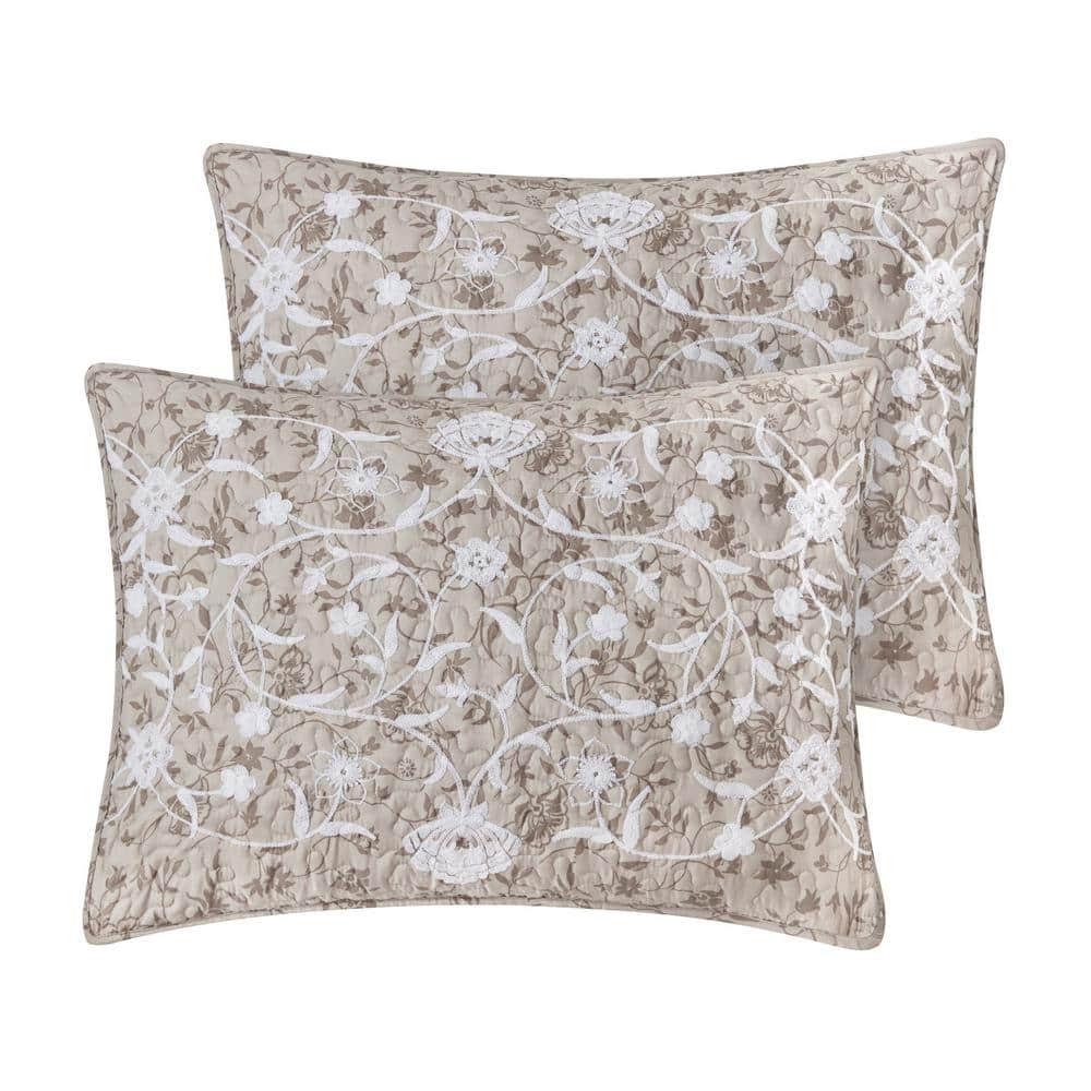 CEDAR COURT Kendall Vine Leaf Embroidery Taupe Neutral All-Season Reversible Soft Microfiber Quilt Set