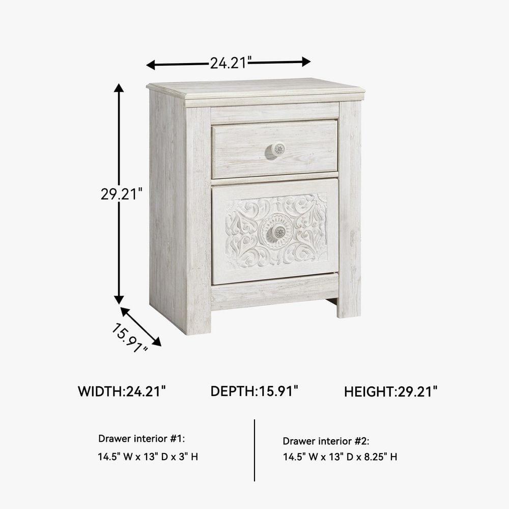 Paxberry Two Drawer Nightstand White Wash - Signature Design by Ashley: Traditional Style, USB Port, Storage Function