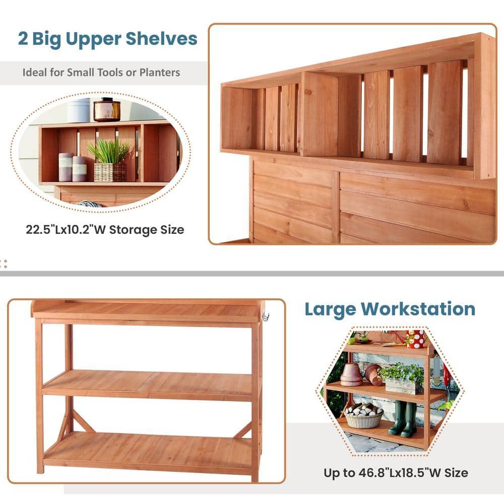 Wooden Potting Bench, 65" Large Wooden Farmhouse Rustic Outdoor Potting Bench Table, Patio Workstation, Garden Potting Bench with 4 Storage Shelves, Splash Plate & 3 Side Hooks, Natural