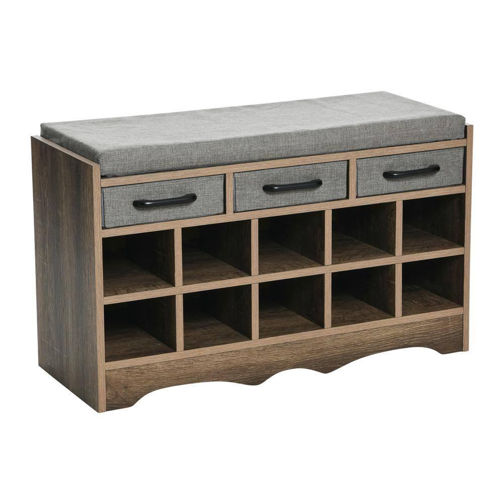 Household Essentials Entryway Storage Bench with 3 Grey Drawers 10 Shoe Compartments and Cushioned Seat in Ashwood Rustic Wood Grain