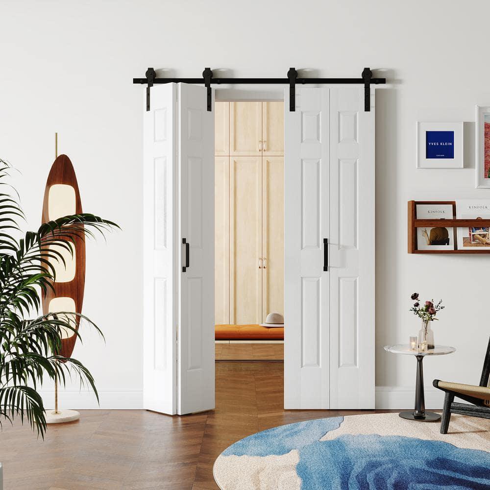 48"（24" x2） x 84" Bi-Folding Barn Door, 6-Panel with Sliding Hardware Kit Set, Pre-drilled Closet Door Slab, 4.3FT Track for 4 Finished Doors, MDF, White