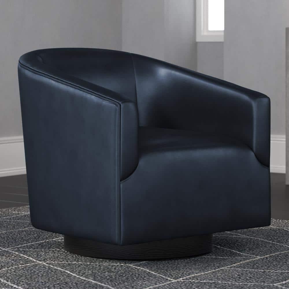 Comfort Pointe Gaven Wood Base Swivel Accent Chair Midnight Blue: Durable Faux Leather, 360° Swivel, No-Sag Springs