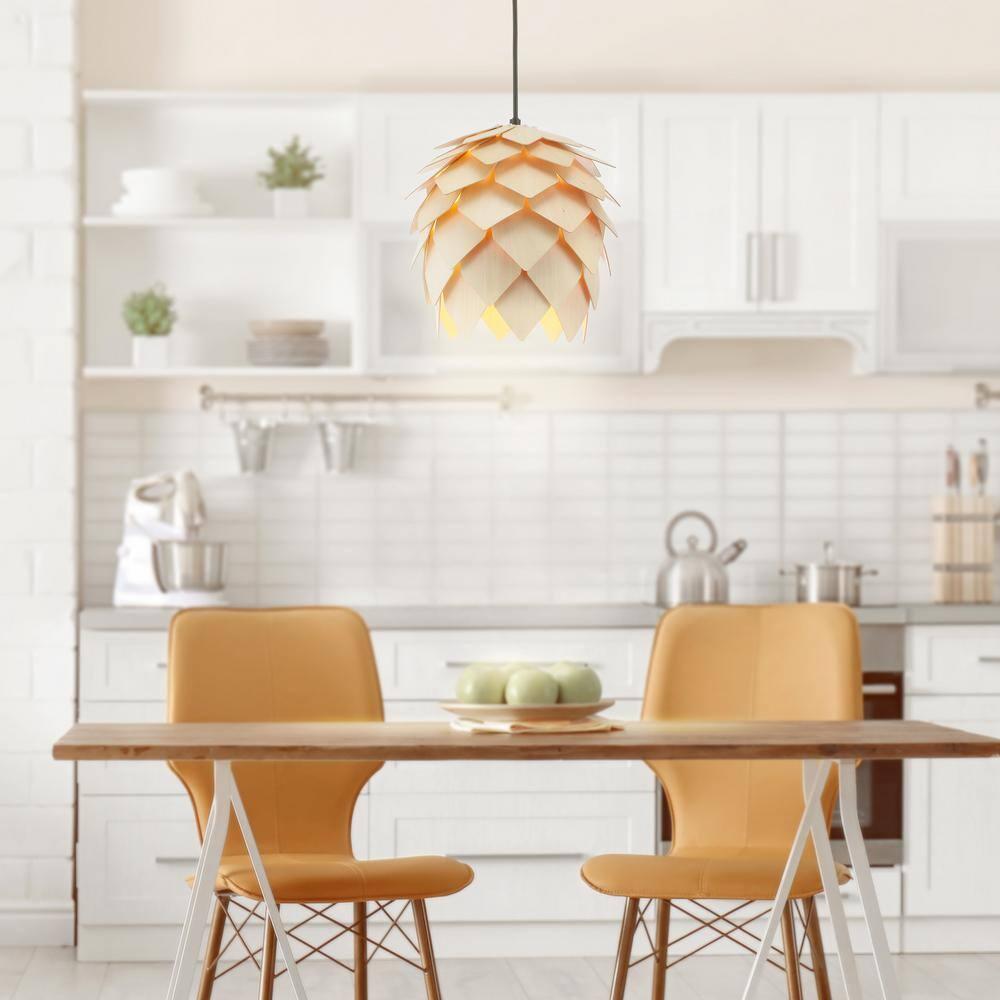 HOZO JYL6125A Simon 11.75" Pinecone Wood LED Pendant Contemporary Dimmable Adjustable Dining Room Living Room Kitchen Foyer Bedroom Hallway, Natural