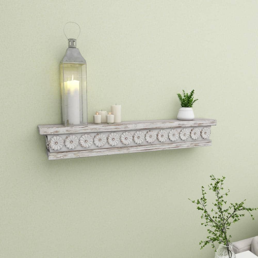 DecMode 36" x 5" Intricate Carved 1-Tier White Floral Wall Shelf