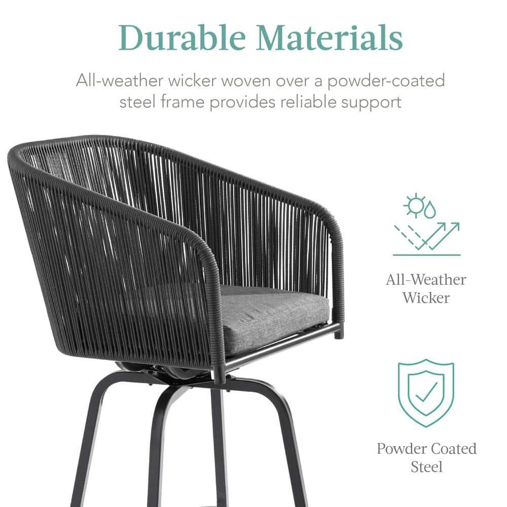 Best Choice Products Set of 2 Woven Wicker Swivel Barstools, Patio Bar Height Chairs w/ 360 Rotation - Black/Gray