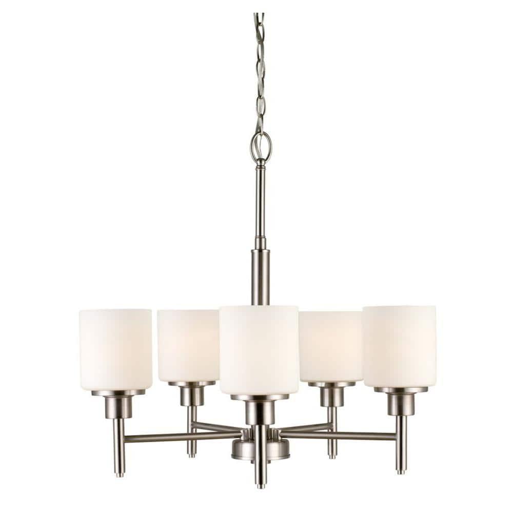Design House 556639 Aubrey Transitional 5-Light Indoor Chandelier Dimmable Frosted Glass for Entryway Dining Room Foyer, Satin Nickel