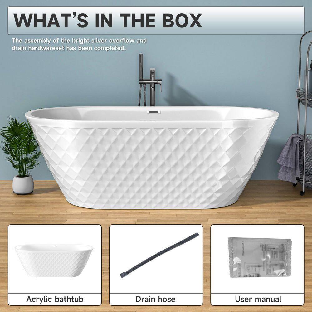 Aguamaph 67" x 31" Acrylic Freestanding Bathtub with Diamond Wave Pattern with Chrome Drain & Overflow T7052886731CW