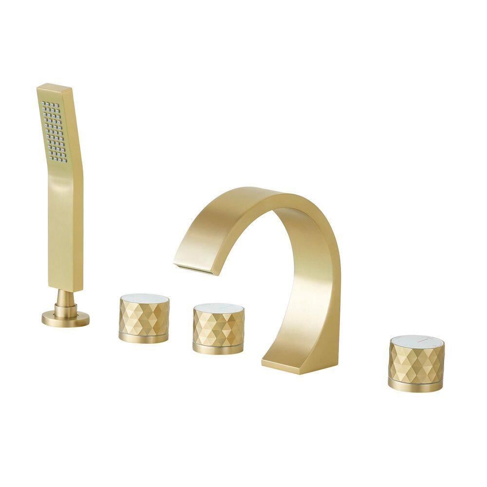 3 Handles Deck Mounted Bathroom Tub Faucet Trim with Handshower