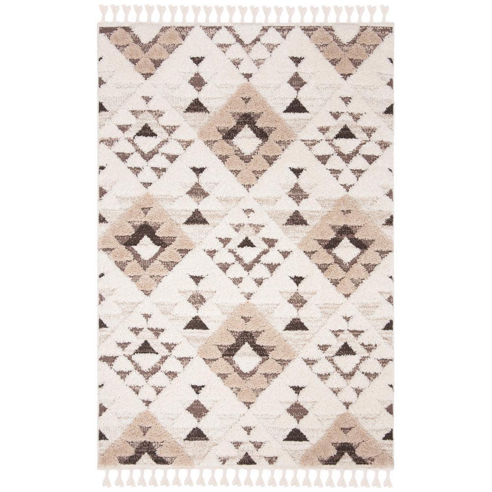 SAFAVIEH Moroccan Tassel Shag Larry Moroccan Geometric Area Rug, Ivory/Brown, 5'3" x 7'6"