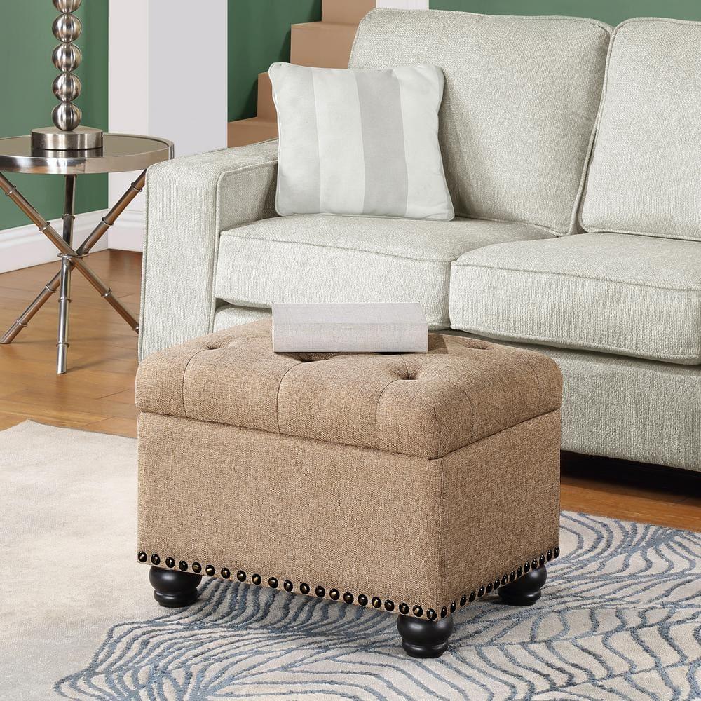 Designs4Comfort 5th Avenue Storage Ottoman in Beige Tan Fabric & Nail Head Trim