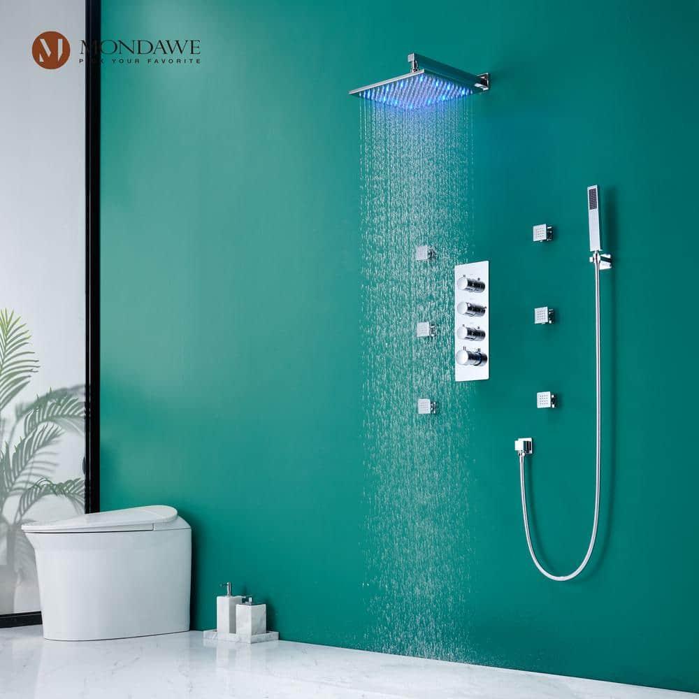 3-Function LED Light Thermostatic Rainfall Shower System with 6 Body Jets and Rough-in Valve