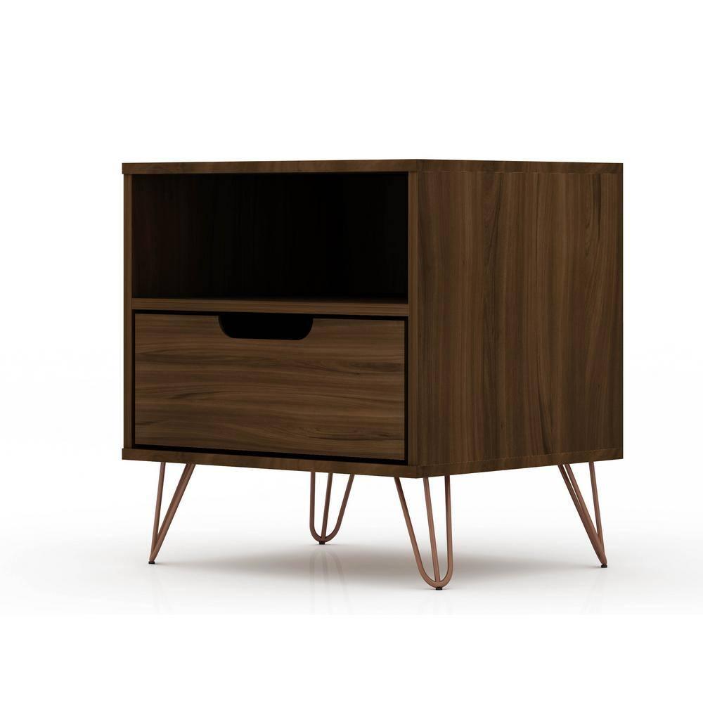 1.0 Rockefeller Nightstand Brown - Manhattan Comfort: Modern Bedside Table with Storage, Shelving & Metal Glides