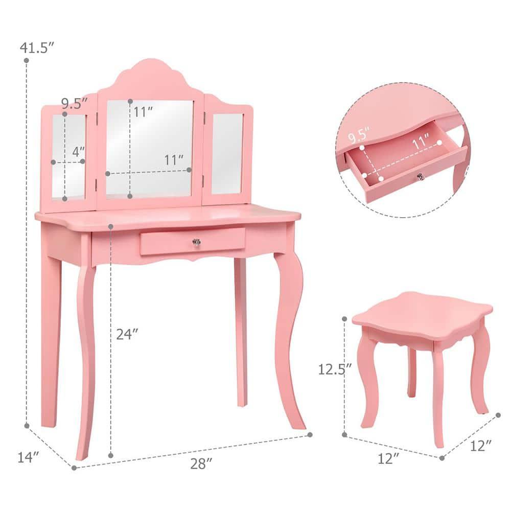 Infans Kids Vanity Table & Stool Princess Dressing Make Up Play Set for Girls Pink
