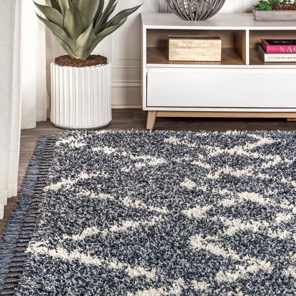 3'x5' Mercer Shag Plush Tassel Moroccan Geometric Trellis Area Rug, Denim/Cream - JONATHAN Y