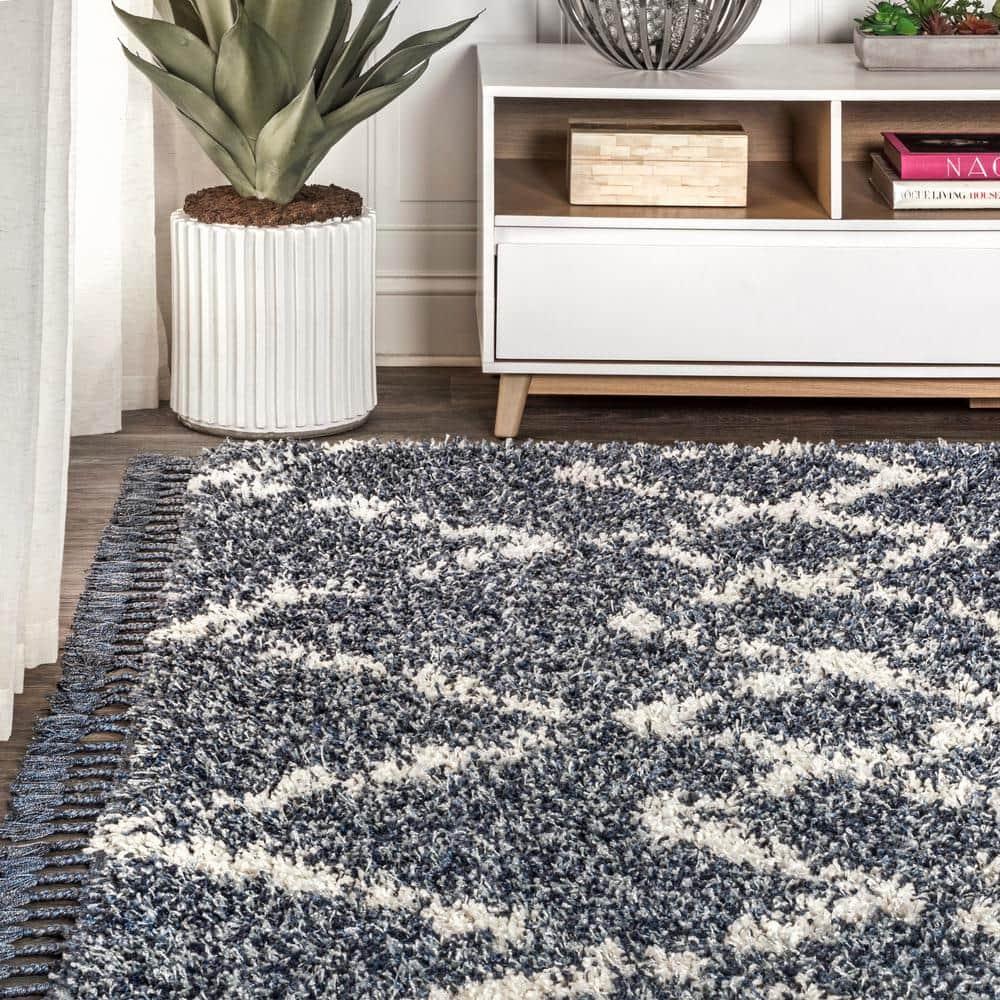 4'x6' Mercer Shag Plush Tassel Moroccan Geometric Trellis Area Rug, Denim/Cream - JONATHAN Y