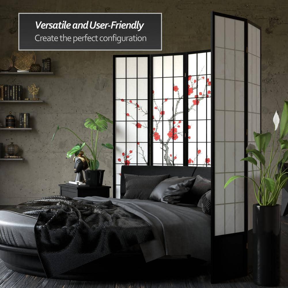 83.5" Black Cherry Blossom Shoji Room Divider with 5 Panels