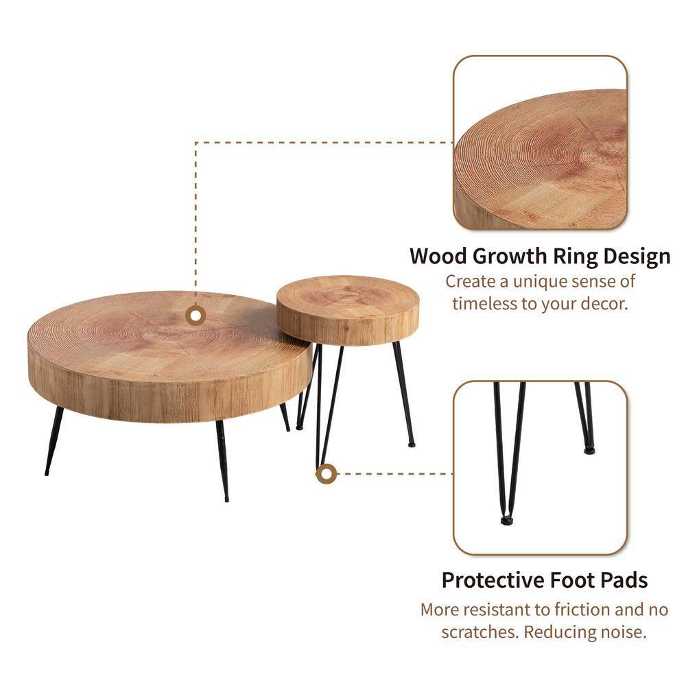 COZAYH 2-Piece Modern Farmhouse Living Room Coffee Table Set, Nesting Table Round Natural Finish with Handcrafted Wood Ring Motif, Light Red + Wood Color