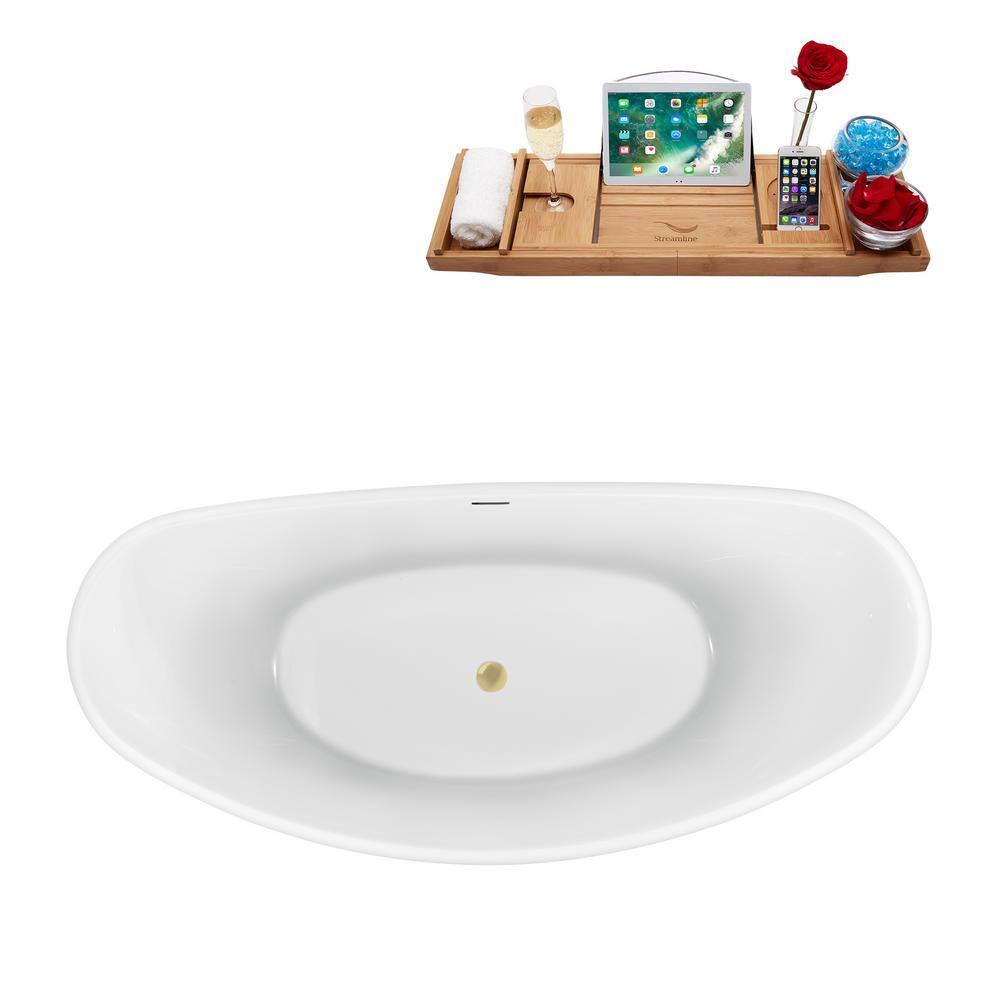 63'' Streamline Freestanding Soaking Acrylic Bathtub With Drain and Bamboo Tray