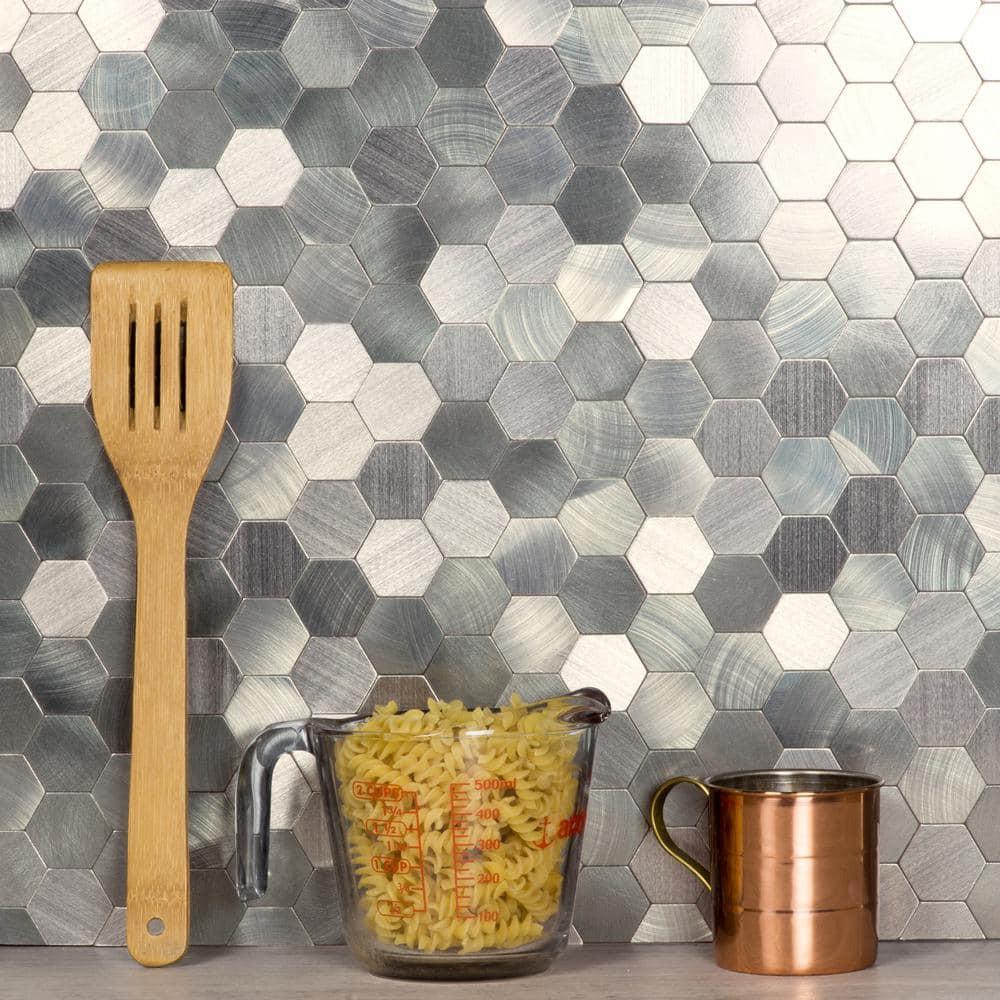 Abolos- Enchanting Hexagon Wall Backsplash 1.5" x 1.5" Peel and Stick Metal Mosaic Tile in Silver (19.80sqft / 22pc Box)