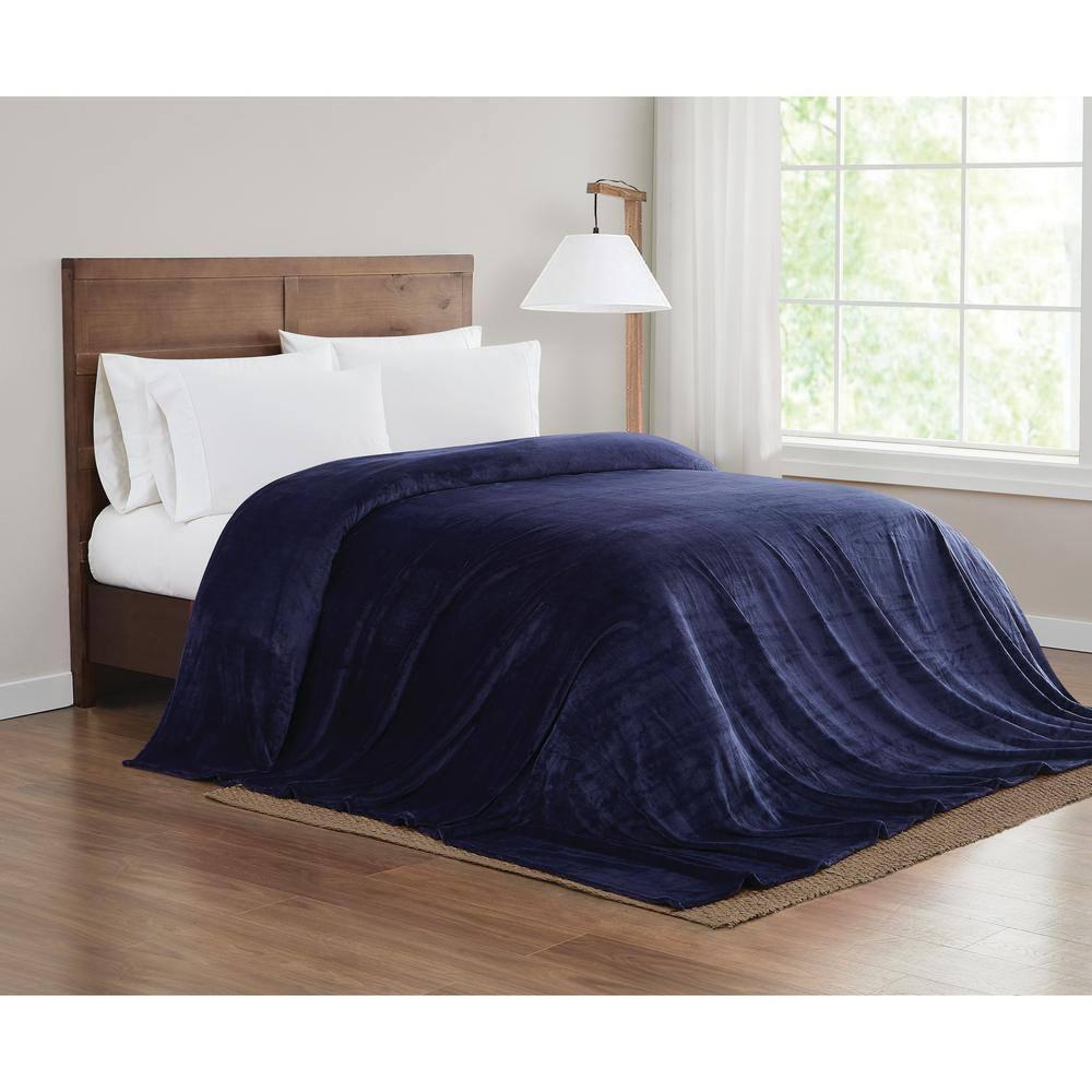 Truly Soft Velvet Plush Family Blanket Navy: 120x120" Microplush, Machine Washable, All Ages