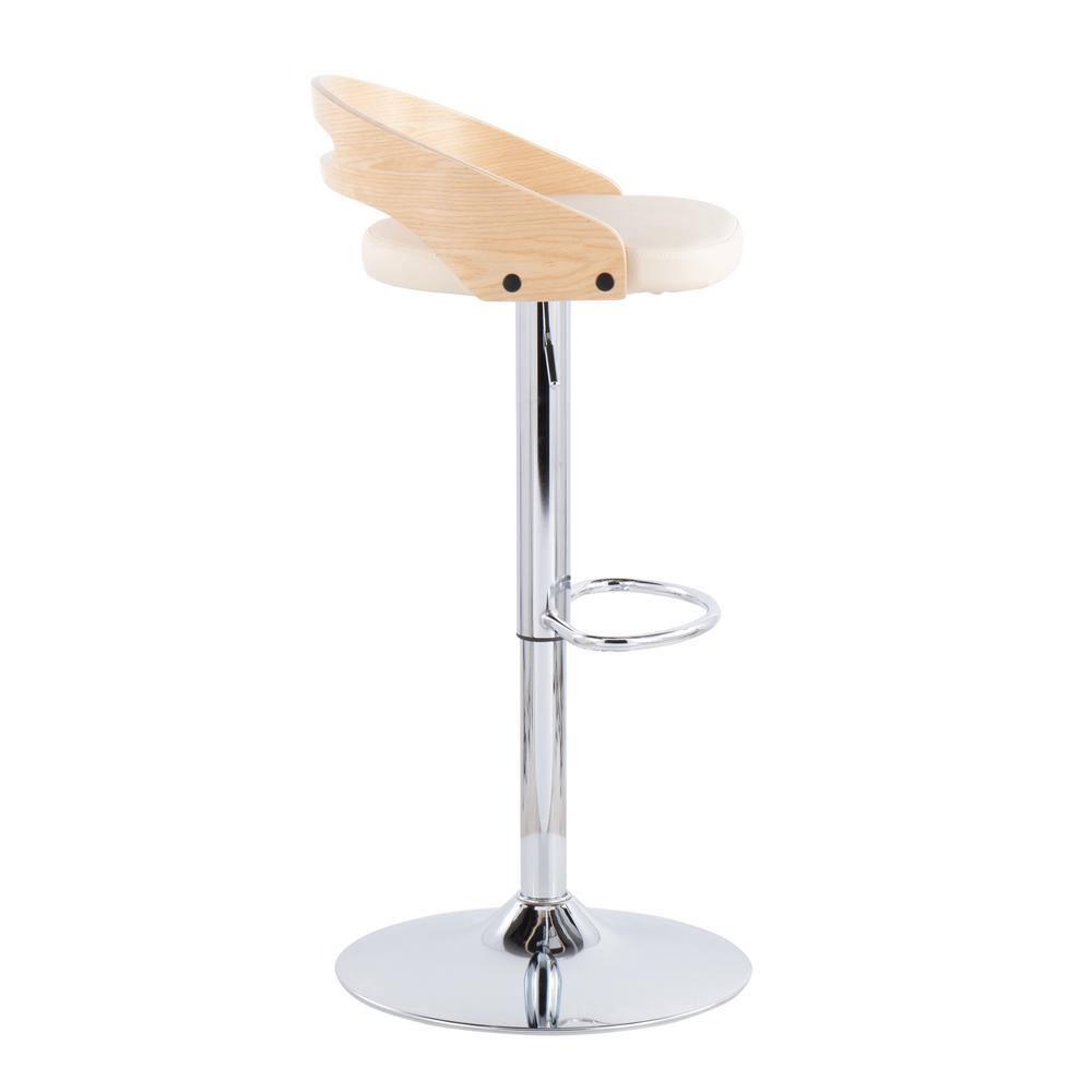 Cassis Mid-Century Modern Adjustable Barstool With Swivel In Natural Wood And Cream Faux Leather