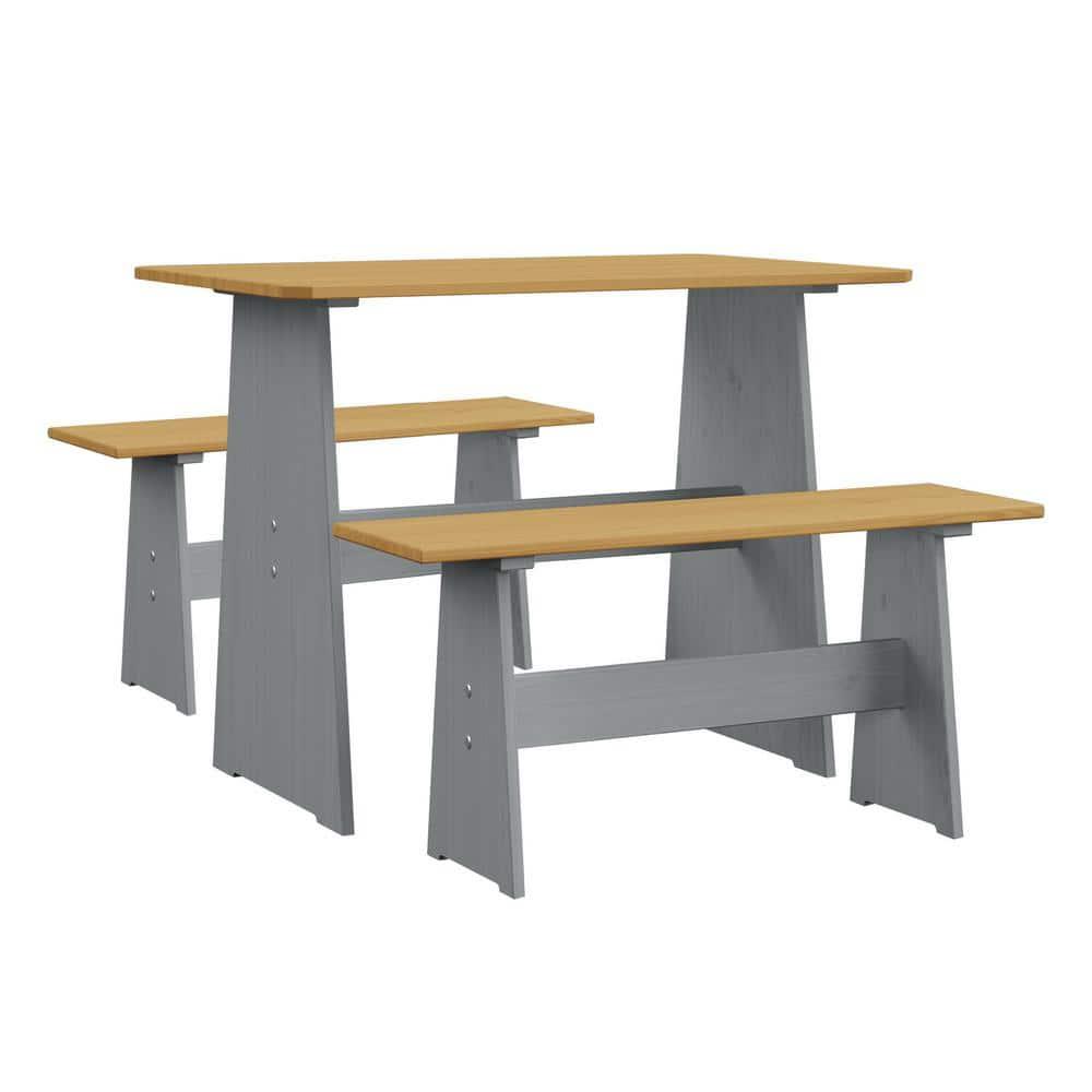 Urban Home Furniture Chapman 3 Piece Casual Dining 2-Tone Natural/Grey Solid Pine Wood Kitchen Table Set with 2 Benches, Kitchen Dining Set