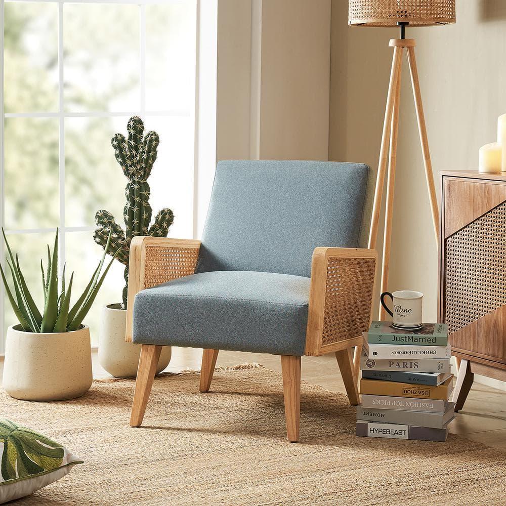 Farmhouse Accent Chair Rattan Armrests Fabric Upholstered Wooden Reading Armchair Living Bedroom Blue