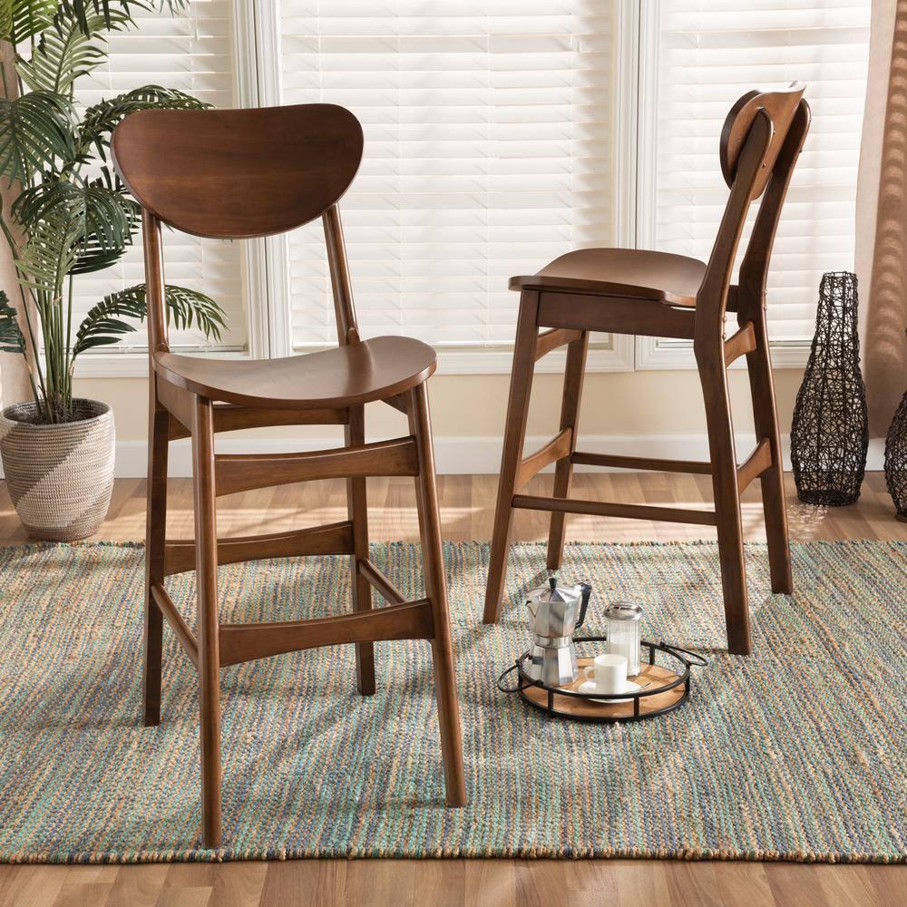2pc Katya Wood Barstool Set Brown - Baxton Studio: Solid Walnut Finish, Polyester Upholstery, 28.7" Seat Height
