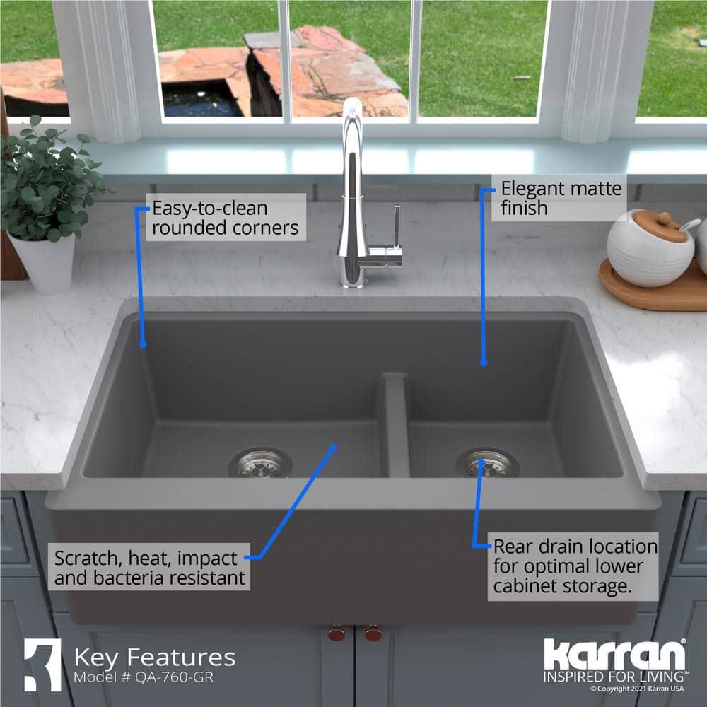 Karran Quartz 34'' X 21-1/4'' 60/40 Double Bowl Farmhouse/Apron Front Kitchen Sink Kit