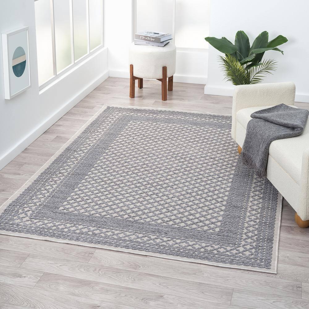 LR Home Gayle 7'10" x 8'10" Gray/Ivory Bordered Performance Indoor/Outdoor Area Rug
