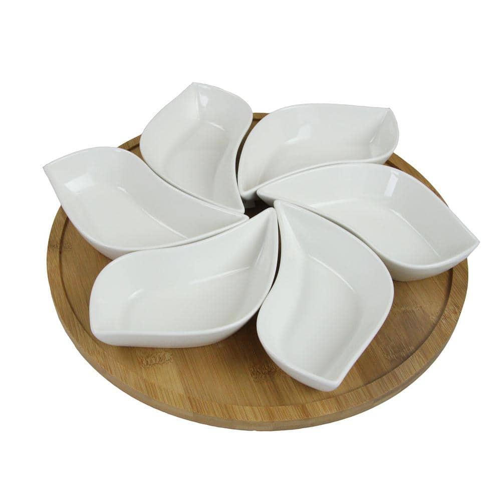 Elama Ceramic Stoneware Condiment Appetizer Set, 7 Piece, Wavy Round in White and Natural Bamboo