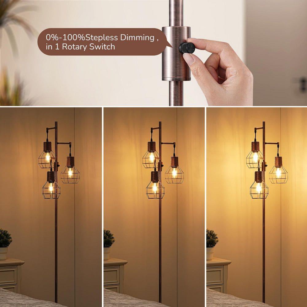 EDISHINE Dimmable Rustic Floor Lamp, Farmhouse Standing Lamp with 3 LED Edison Bulbs, Rattan Design Floor Lamps for Living Room, Bedroom, Reading Corner, Office, Electroplated Brushed Red Copper