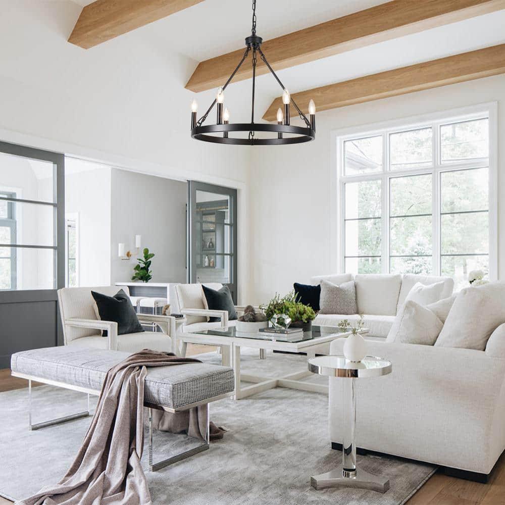 22.04 in. 6-Light Black Rustic Farmhouse Chandelier, Wagon Wheel Chandelier for Dining Room Living Room Bedroom Kitchen Black