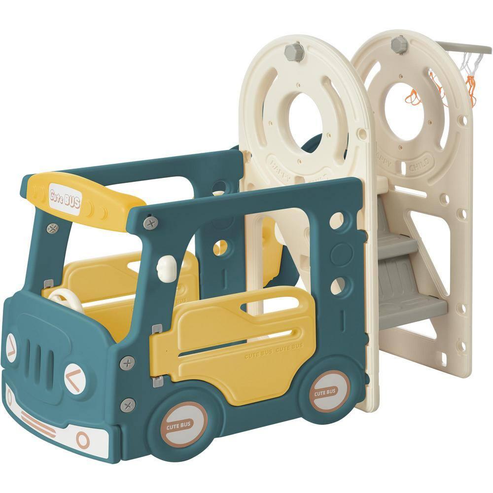 Gzxs Toddler Slide and Swing, Bus Playhouse Freestanding Baby Slide Playset with Basketball Hoop for Indoor Outdoor Backyard Playground (Yellow Bus Slide)
