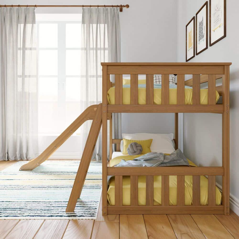Max & Lily Twin Over Twin Low Bunk Bed with Slide, Solid Wood Kids Platform Bed with 14” Guardrails, Pecan