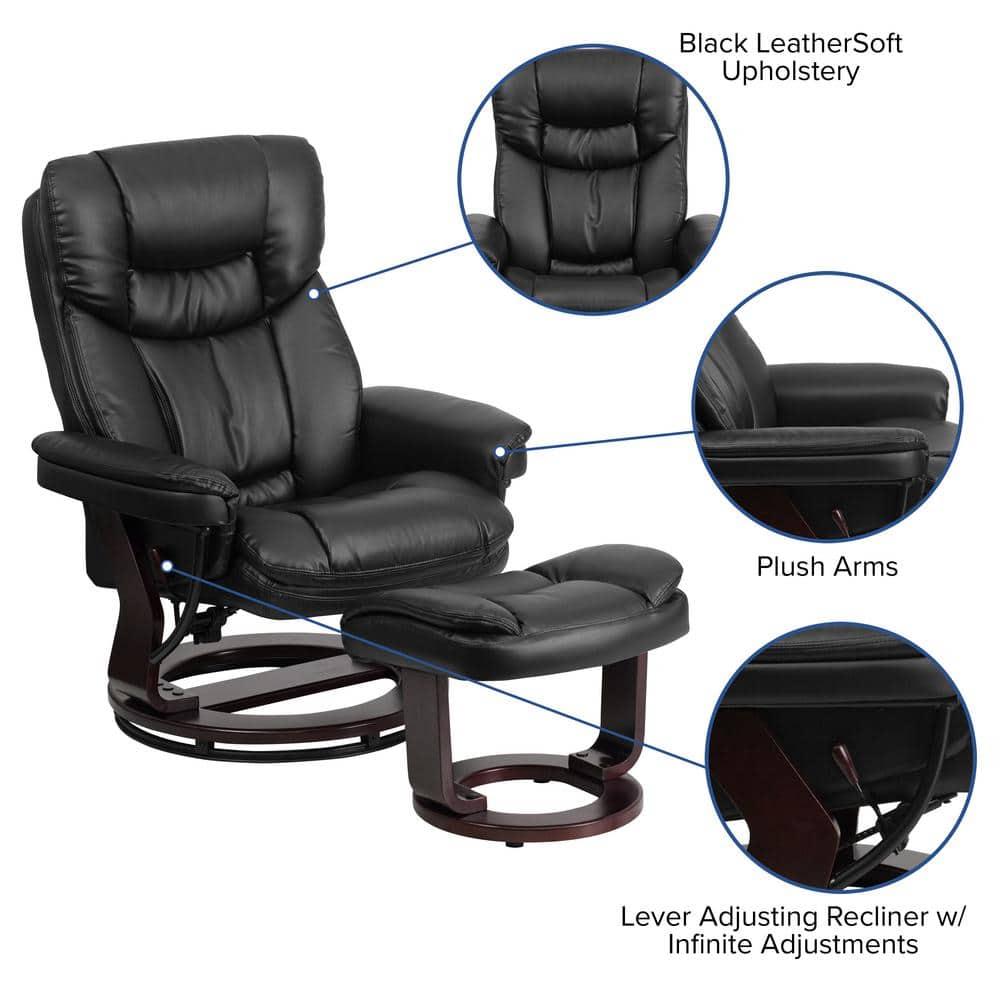 Flash Furniture Contemporary Multi-Position Recliner and Curved Ottoman with Swivel Mahogany Wood Base in Black LeatherSoft