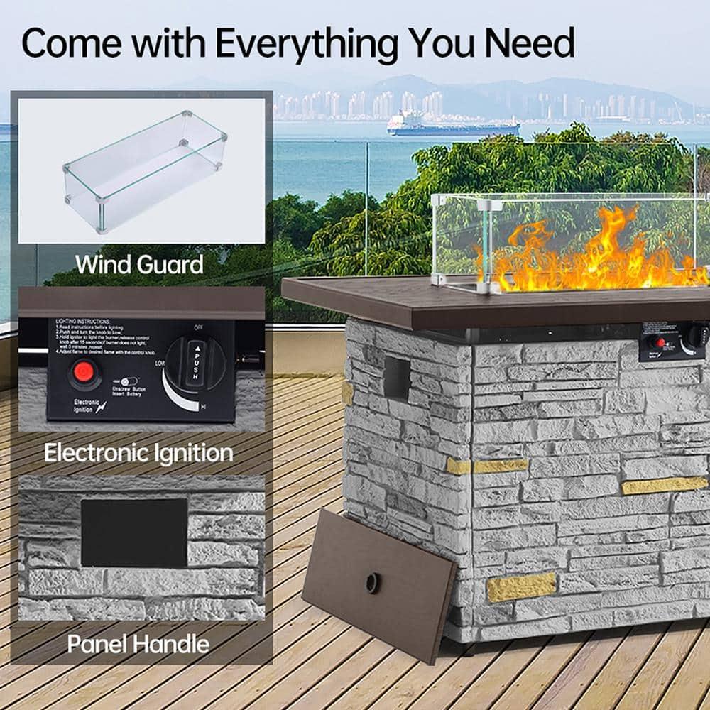 43" Propane Fire Pit Table Outdoor Rectangular Stone Firepit Table 50000 Btu Propane Fire Tables for Outside Patio with Glass Wind Guard, Lid, Fire Glass Beads, Pizzello Caldo (Gray Stone)
