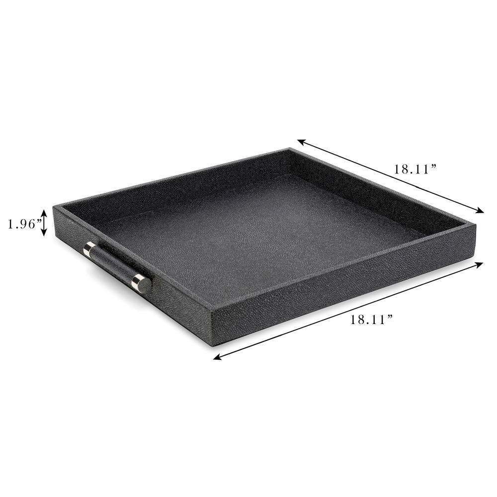 Decorative Serving Tray-Black Shagreen Square with Stainless Steel Silver Handles 18.11 X 18.11 X 1.96" Polyurethane