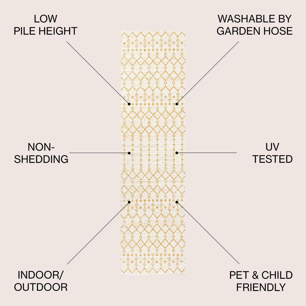 2' x 10' Ourika Moroccan Geometric Textured Weave Indoor/Outdoor Runner Rug, Cream/Yellow - JONATHAN Y