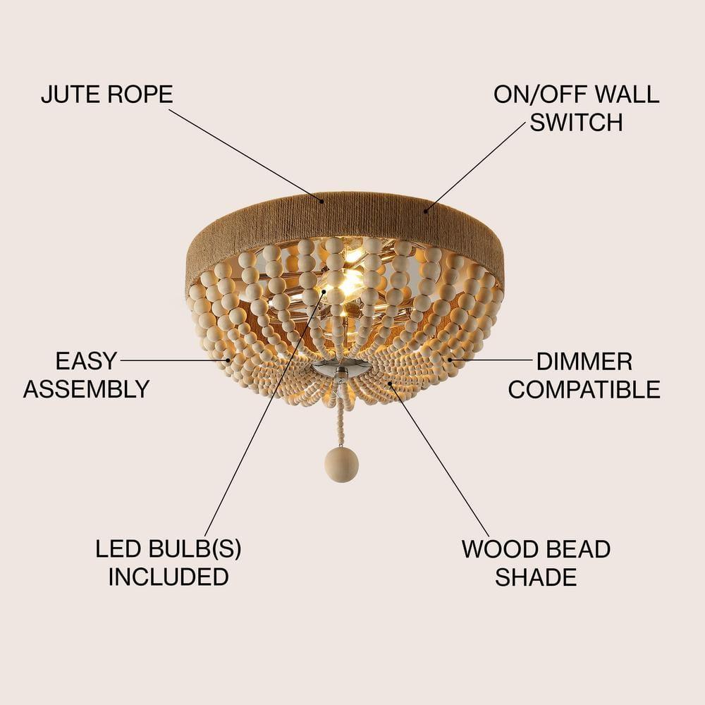 JONATHAN Y Justina Wood Bead 14" 2-Light Farmhouse Bohemian Iron LED Flush Mount, Light Taupe/Chrome, JYL1307A