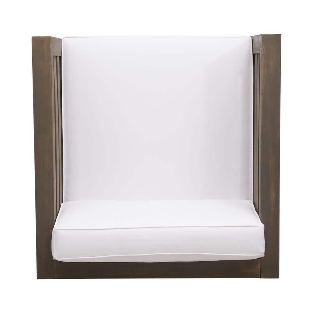 Frankie Outdoor Acacia Wood Club Chair with Cushion, Gray and White
