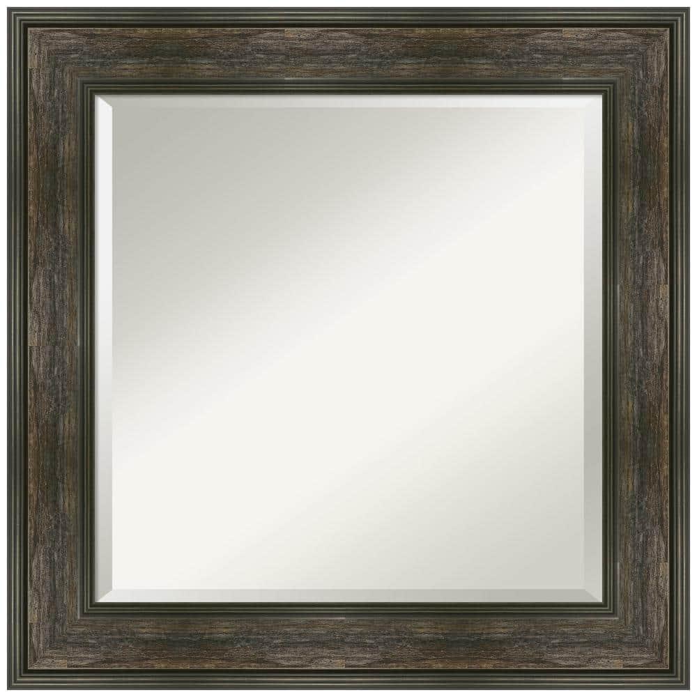 Amanti Art Beveled Bathroom Wall Mirror - Rail Rustic Char Frame - Rail Rustic Char Outer Size: 26 x 26 in