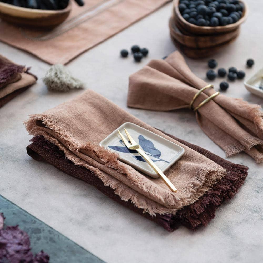 Bloomingville Square Linen Napkins with Fringe, Set of 4, Putty Orange and Aubergine