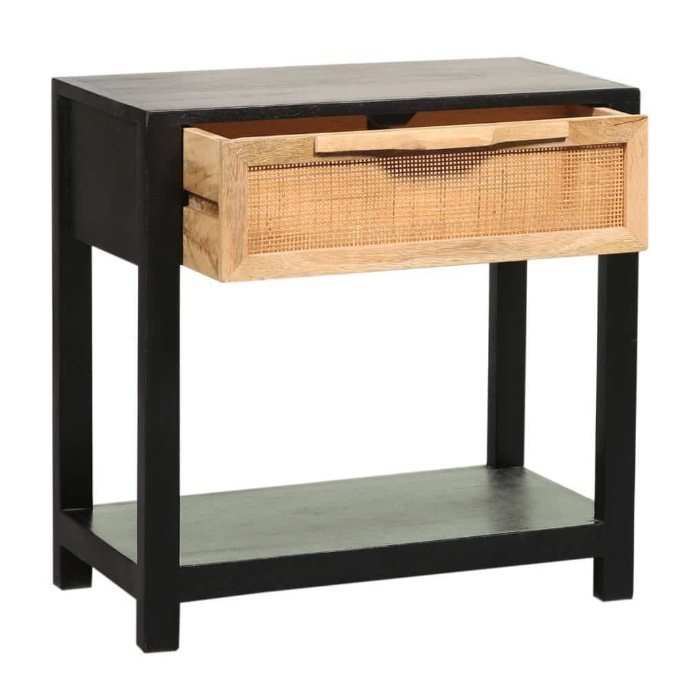 Benzara 22" Side Table with Rattan Front Drawer and Open Shelf Mango Wood Frame Black/Brown