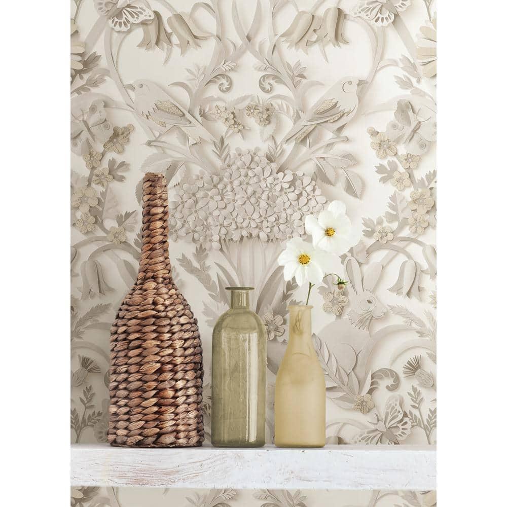 Taupe Damask Self-Adhesive Wallpaper with Rabbit and Bird Design