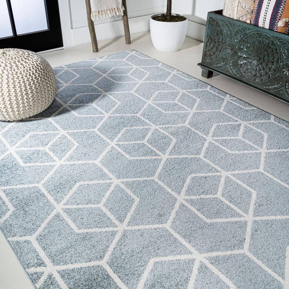 4'x6' Tumbling Blocks Modern Geometric Area Rug, Light Blue/White - JONATHAN Y