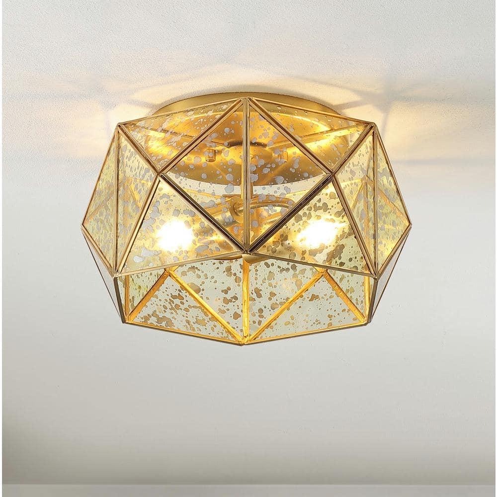 JONATHAN Y JYL9927A Violet 12.5" 2-Light Industrial Vintage Iron/Glass LED Flush Mount Farmhouse Modern 2700K Cozy Warm Light Kitchen Hallway Bathroom Stairwell Entryway Foyer, Brass Gold