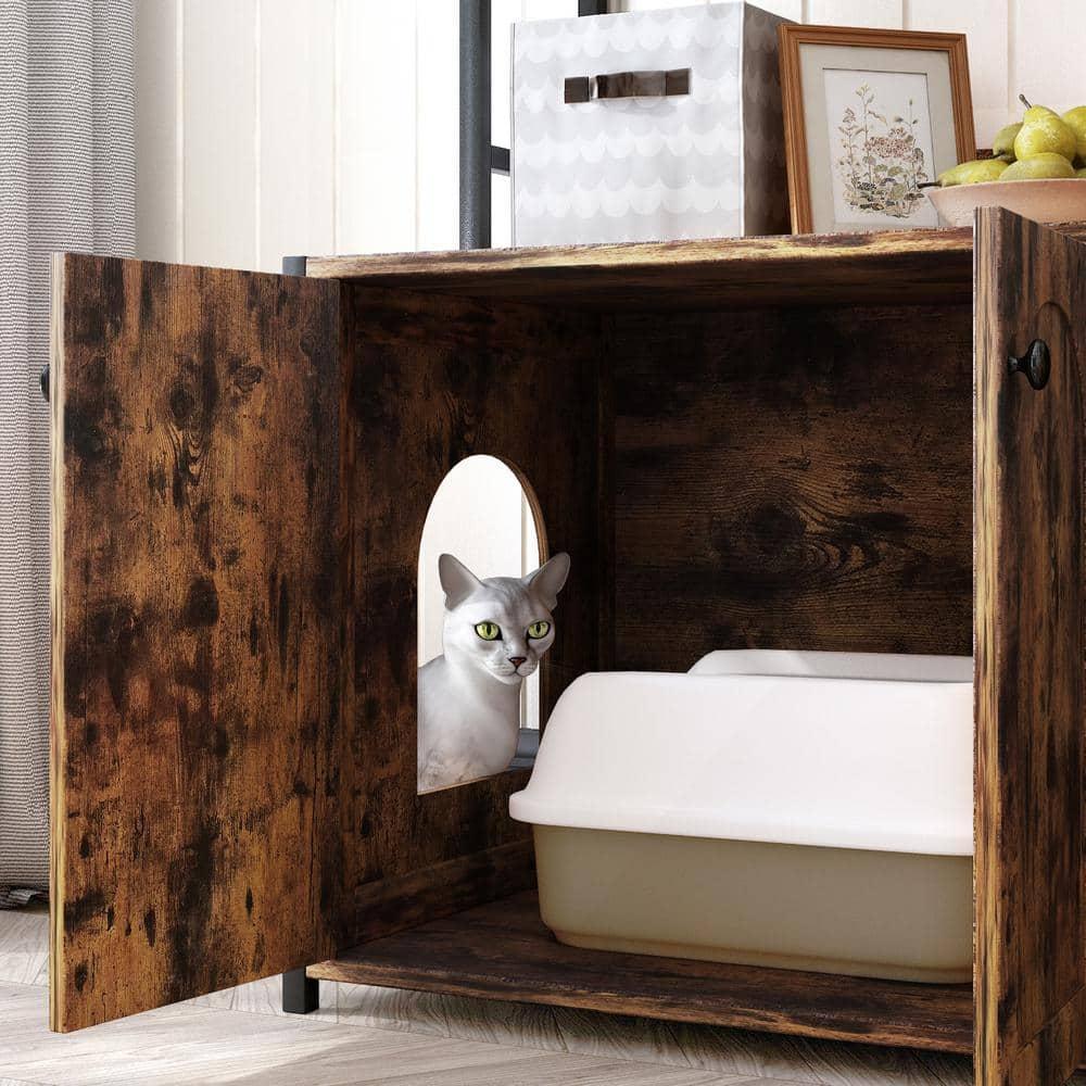 Cat Litter Box Enclosure Furniture Hidden with Barn Door Large Wooden Cat Washroom Furniture with Multi Layered Shelf Storage Wooden Cat House Furniture Storage Sturdy Indoor Cat Cabinet
